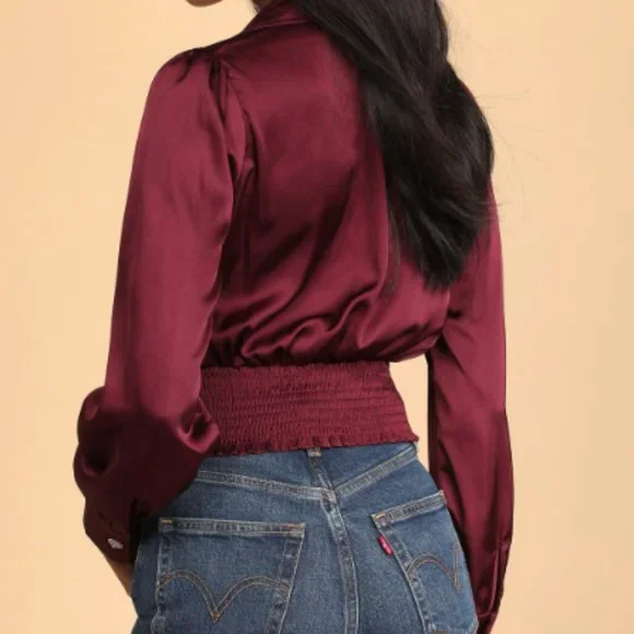 Lulus Plum Purple Satin Long Sleeve Button-Up Top - S - Picture 4 of 5